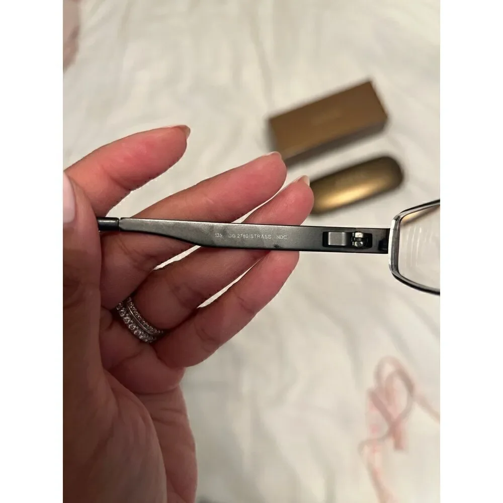 Gucci skinny rectangular black metal frame eyeglasses crystal accent